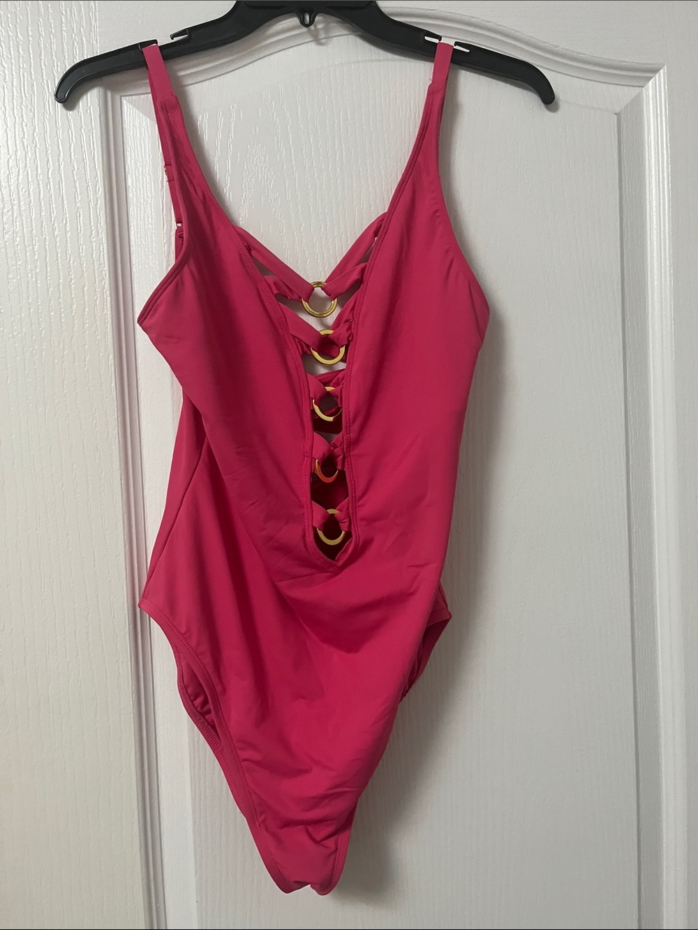 Women's Hot Pink One-Piece Swimsuit with Gold Ring Accents